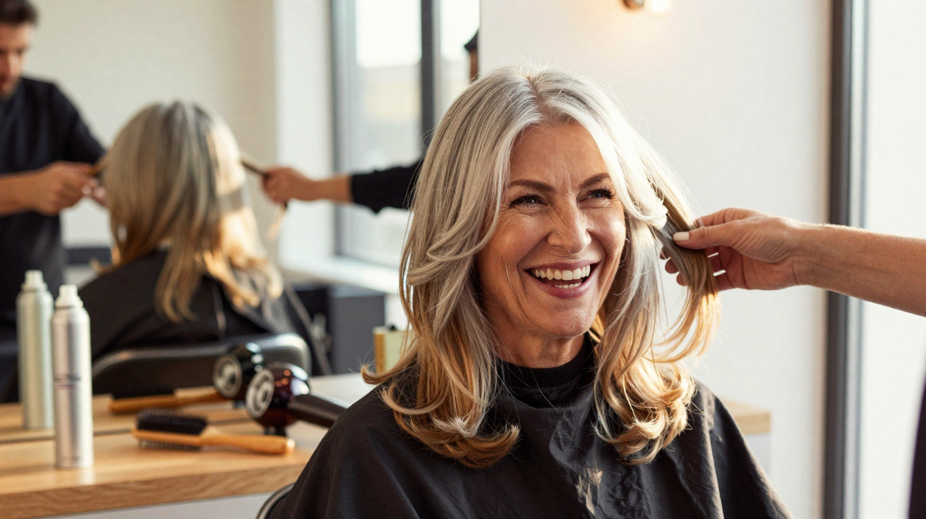 Mulher sorridente com cabelo grisalho vê-se ao espelho enquanto cabeleireiro mexe no seu cabelo num salão.