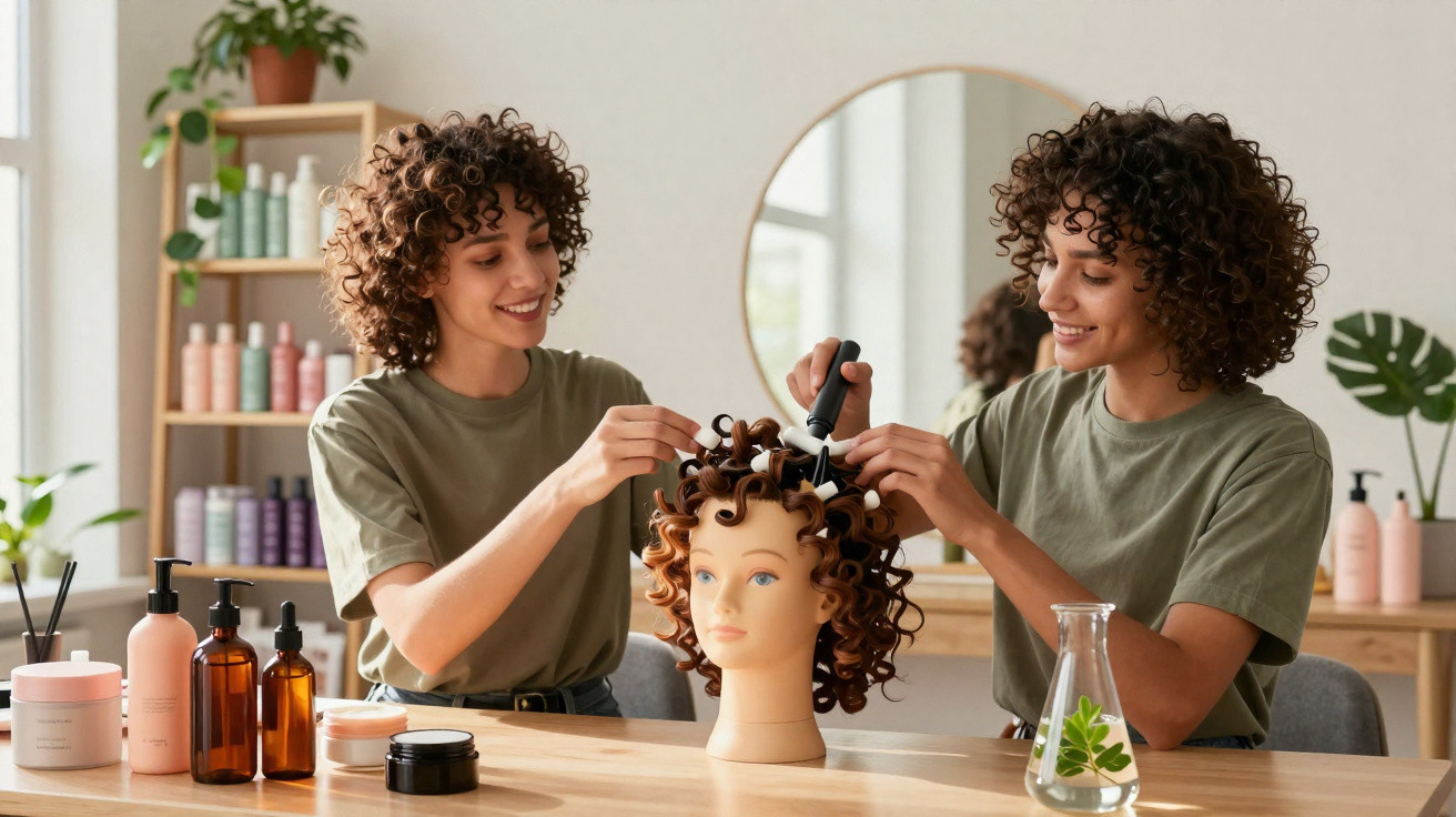Mulher a modelar cabelo encaracolado num manequim, rodeada de produtos de beleza num ambiente luminoso.