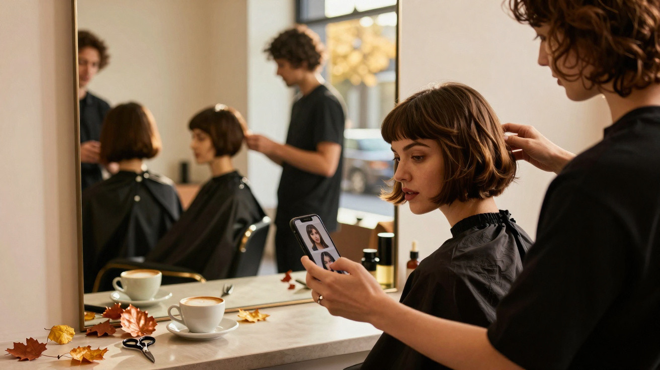 Mulher no cabeleireiro a escolher corte de cabelo no telemóvel, com cabeleireiro a arranjar seu cabelo castanho curto.