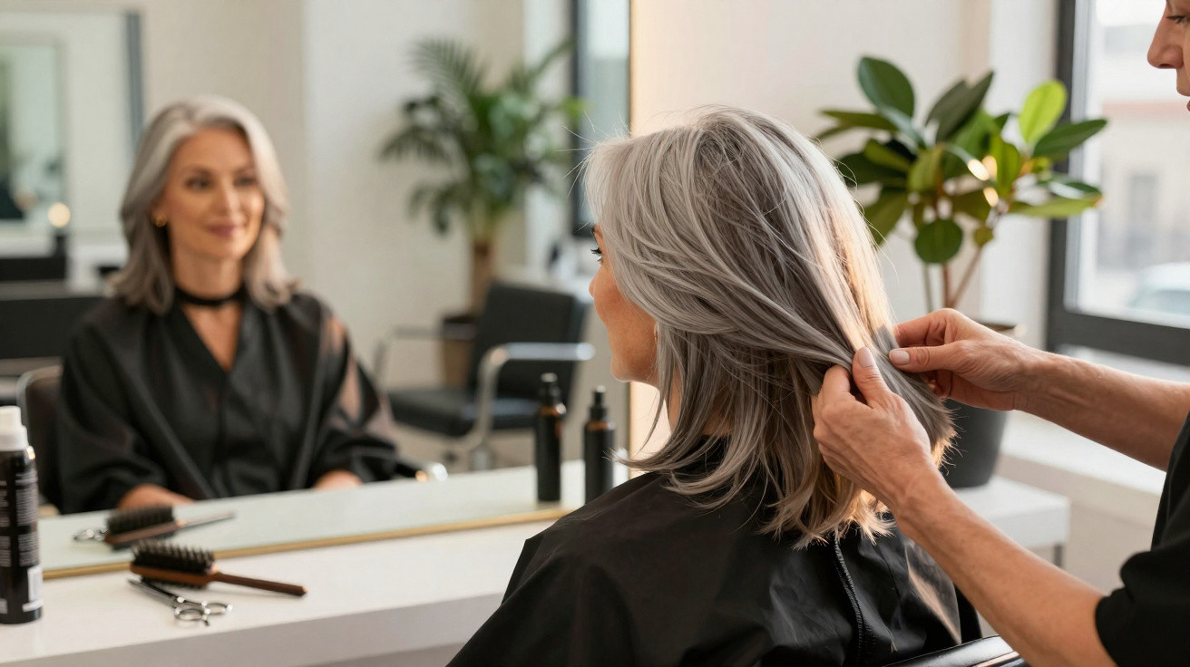 Mulher com cabelo grisalho sentado num salão de cabeleireiro enquanto profissional ajeita o seu cabelo.