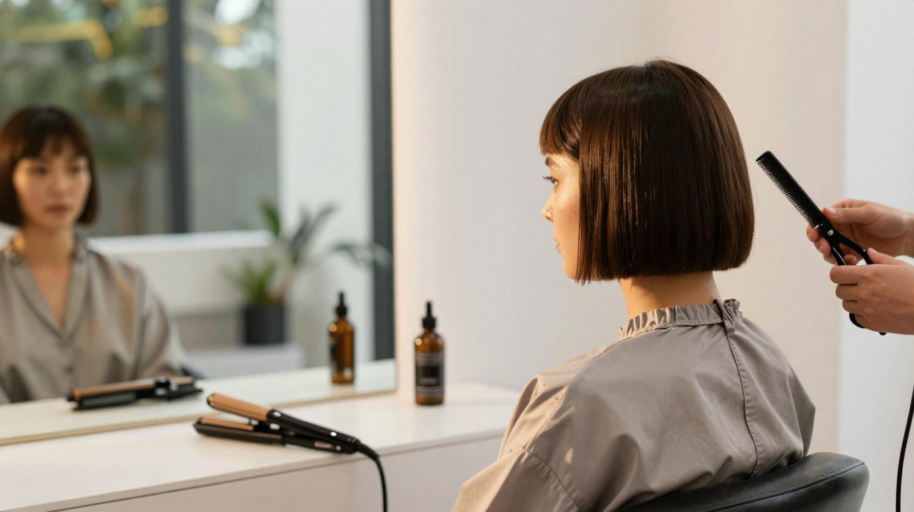 Mulher sentada em cadeira de cabeleireiro com cabelo curto, sendo preparada para alisar com prancha.
