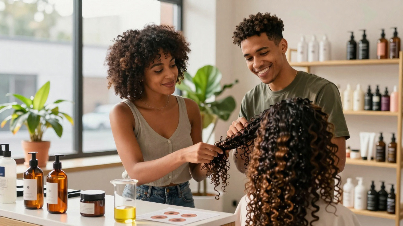Dois profissionais a analisar o cabelo encaracolado de uma cliente num salão de beleza moderno.
