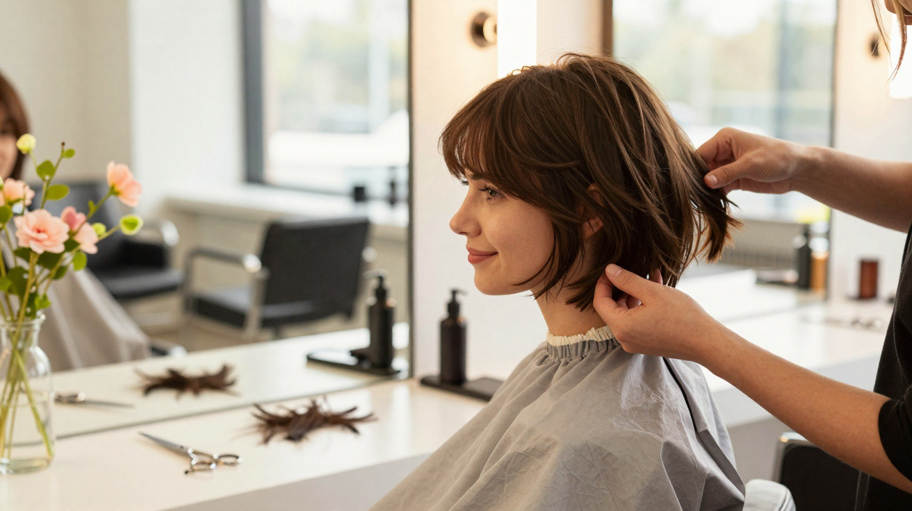 Mulher sentada num salão de cabeleireiro a receber corte de cabelo curto, à frente de um espelho.