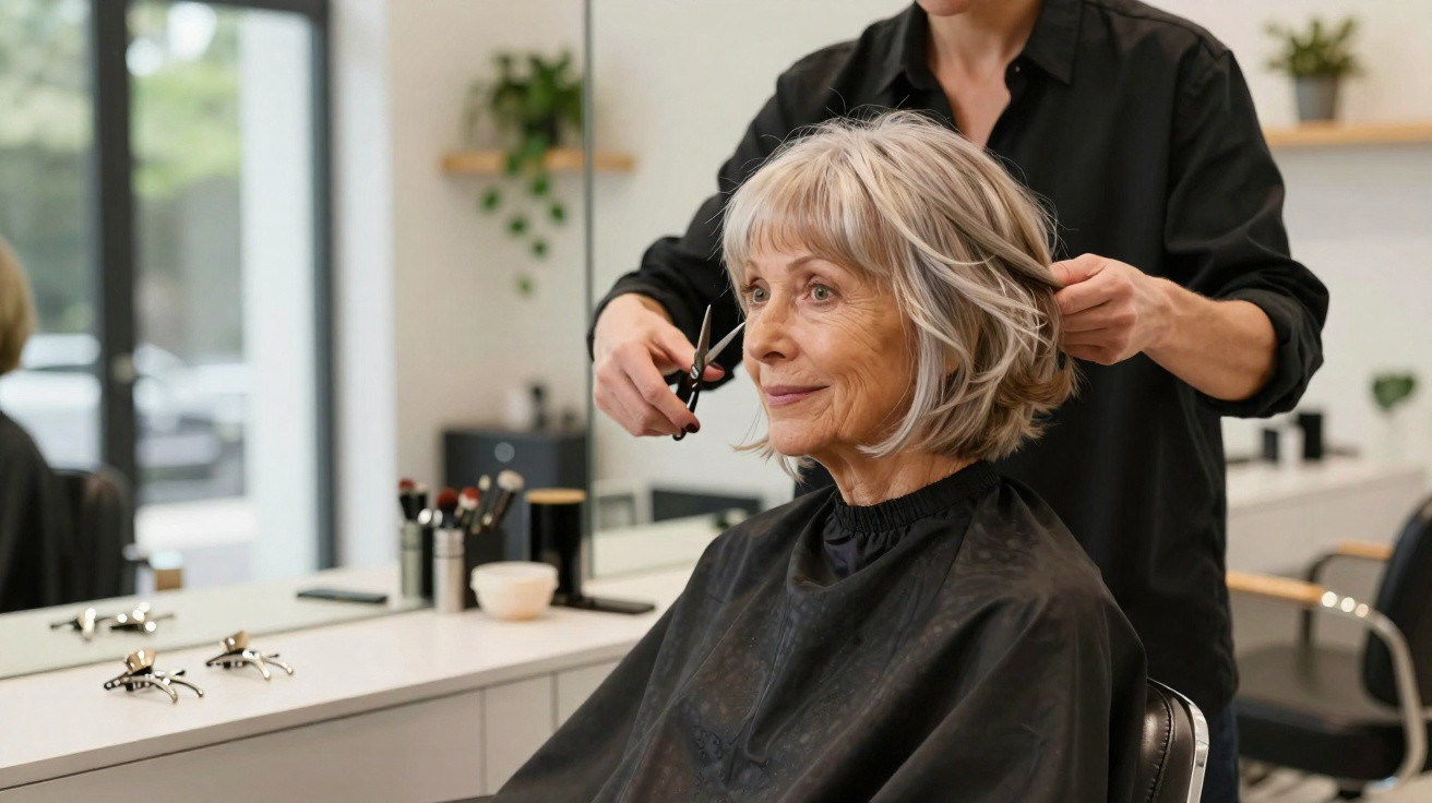 Senhora idosa a sorrir enquanto corta o cabelo num salão de beleza moderno.