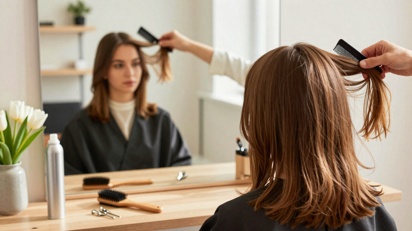 Mulher a pentear cabelo castanho médio frente a um espelho num salão de cabeleireiro.