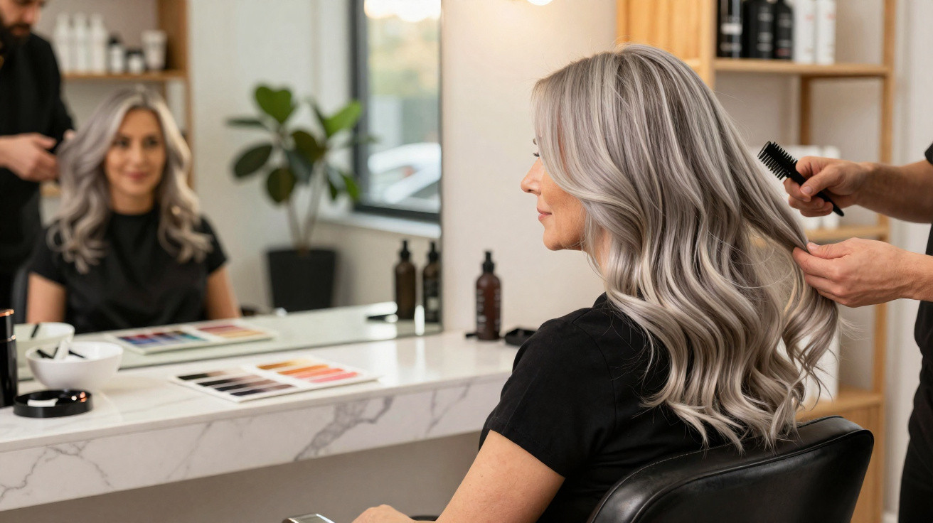 Mulher com cabelo grisalho ondulado a ser penteada num salão de cabeleireiro, sentada em frente a um espelho.