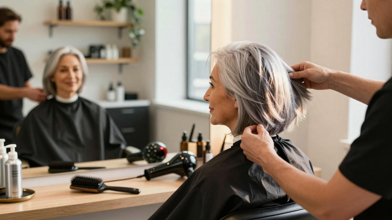 Mulher com cabelo grisalho a ser penteada por cabeleireiro num salão de beleza moderno.