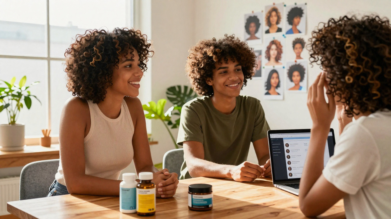 Três jovens com cabelo encaracolado sentados à mesa, conversando, com frascos de suplementos e computador.