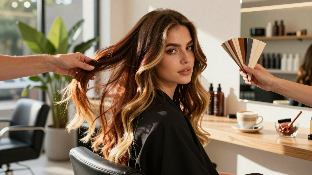 Mulher com cabelo ondulado e balayage loiro e castanho em cabeleireiro, com mãos a mostrar cabelo e paleta de cores.