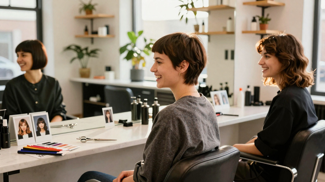 Duas mulheres sorridentes sentadas em cadeiras num salão de cabeleireiro, com espelhos e produtos à frente.
