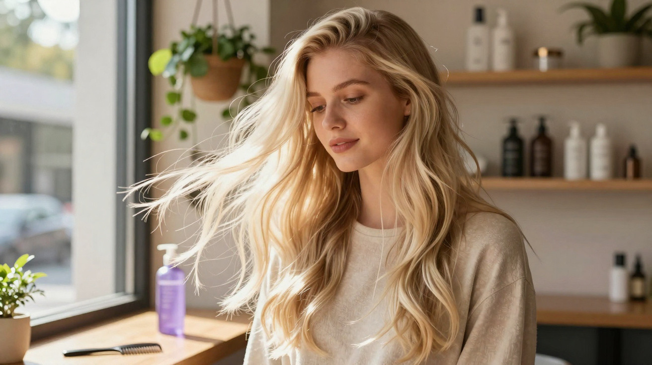 Mulher loira com cabelo solto e ondulado, sentada junto a janela em ambiente com produtos de beleza.