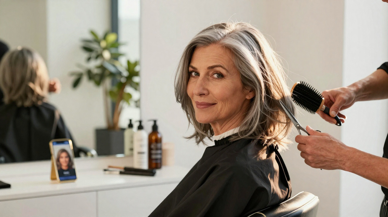 Mulher de cabelos grisalhos a cortar cabelo num salão com um cabeleireiro a usar tesoura e escova.