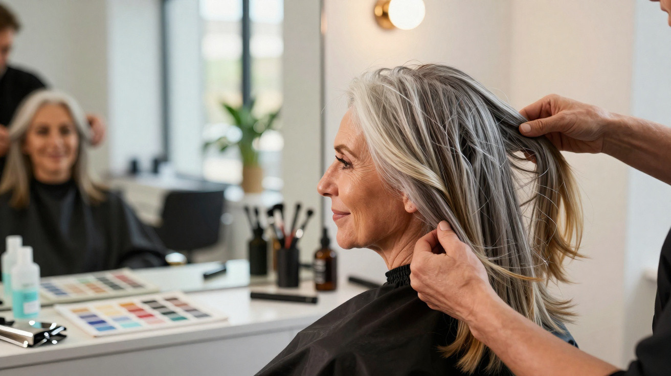 Mulher de cabelo cinza sendo arranjada por cabeleireiro num salão de beleza moderno.