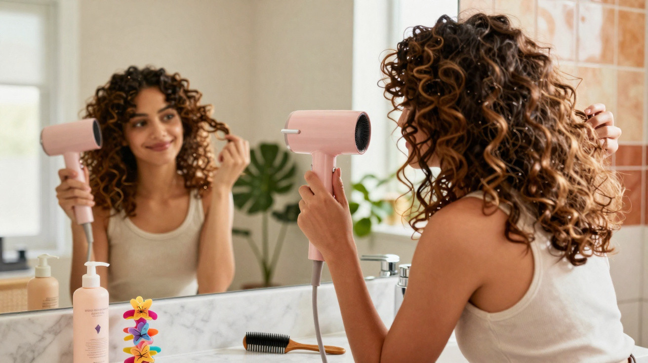 Mulher a secar cabelo encaracolado com um secador rosa à frente de um espelho de casa de banho.