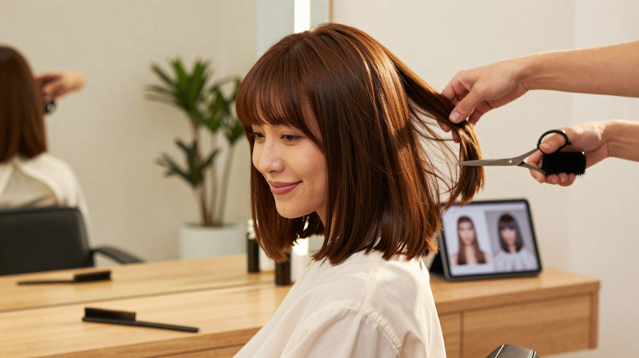 Mulher com cabelo castanho a receber corte num salão de beleza, sentada frente a um espelho.