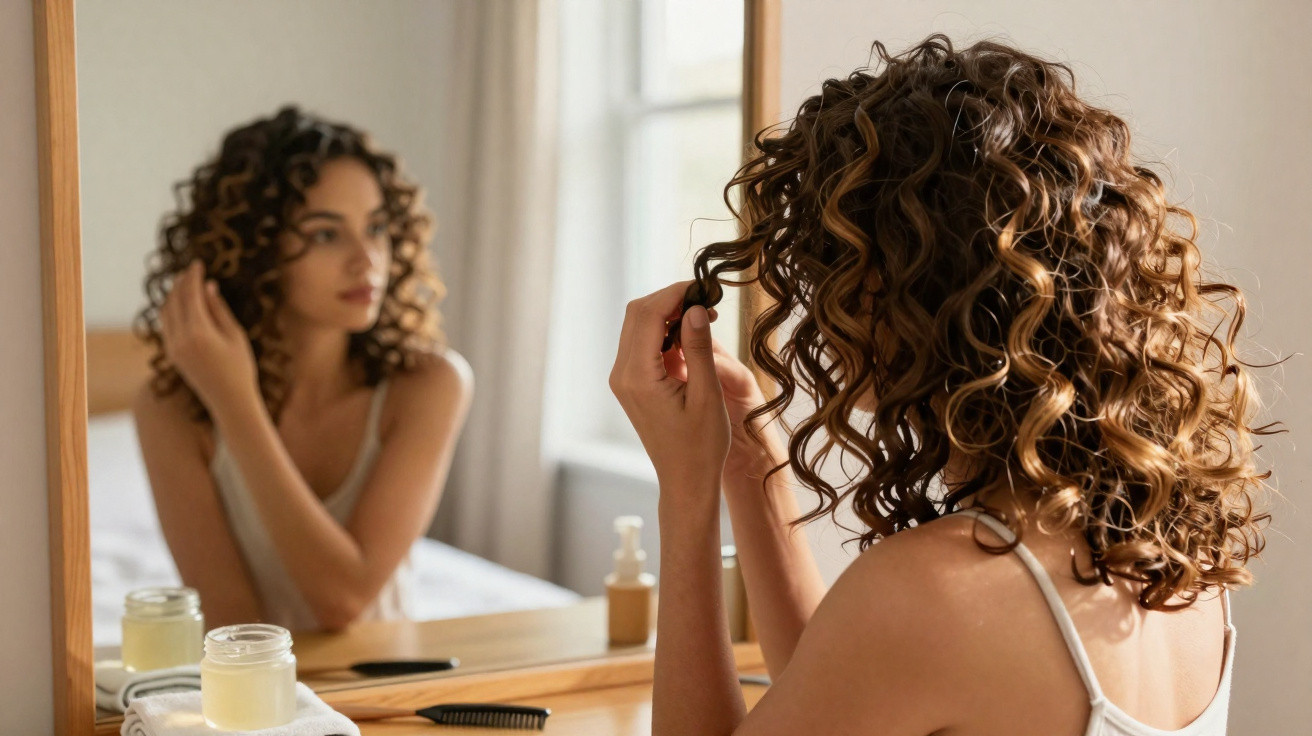 Mulher com cabelo encaracolado a olhar-se ao espelho enquanto cuida dos cabelos.