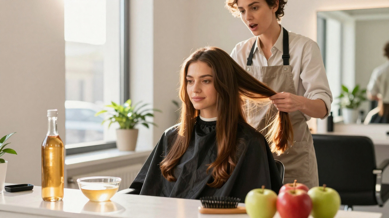 Mulher sentada no salão de cabeleireiro com cabeleireira a segurar o seu cabelo comprido castanho.