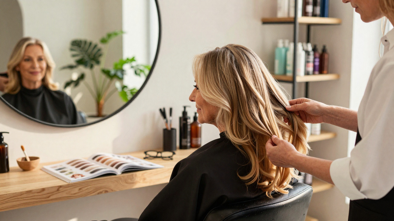 Mulher com cabelo loiro comprido recebendo penteado numa cabeleireira com espelho e produtos ao fundo.