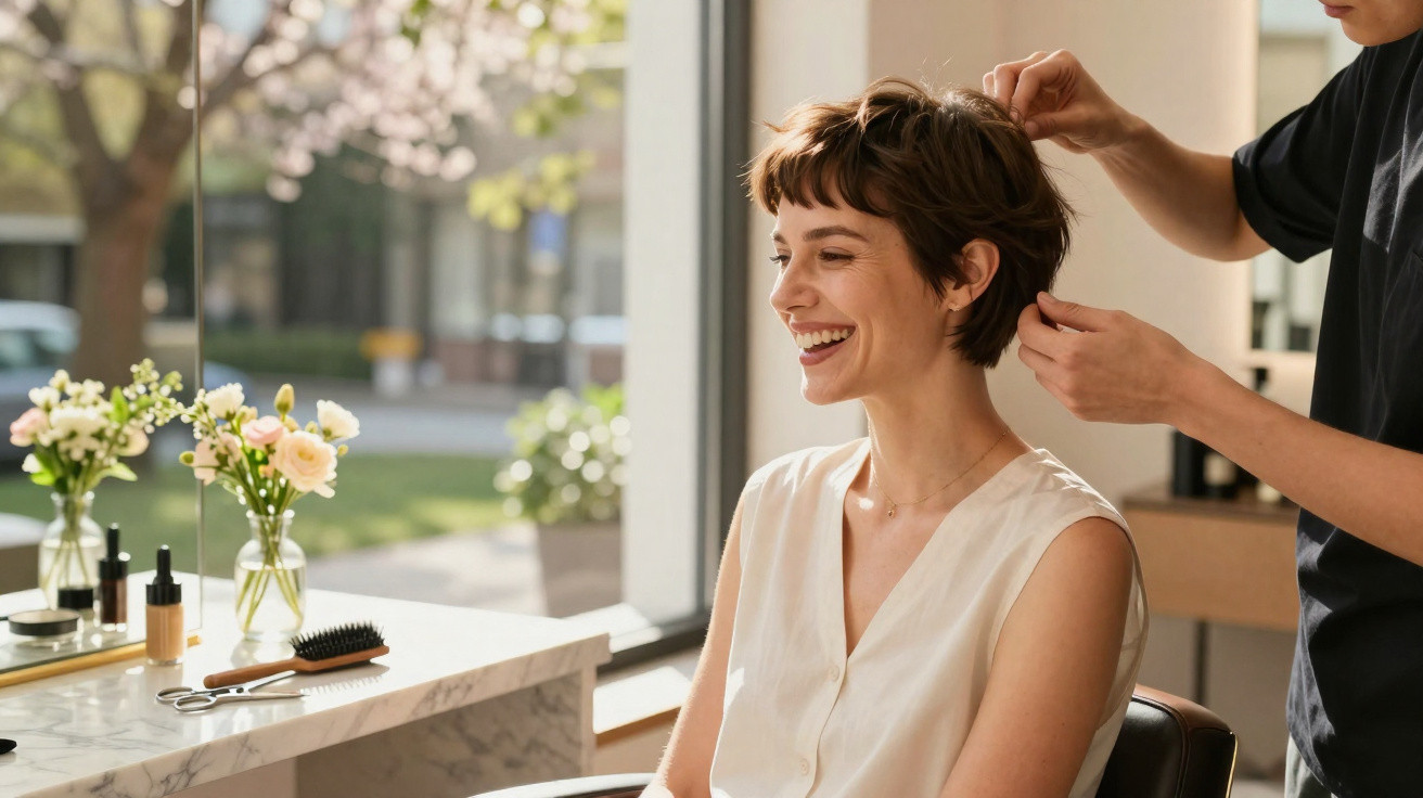 Mulher sorridente a receber penteado curto num salão de beleza iluminado com decoração floral.