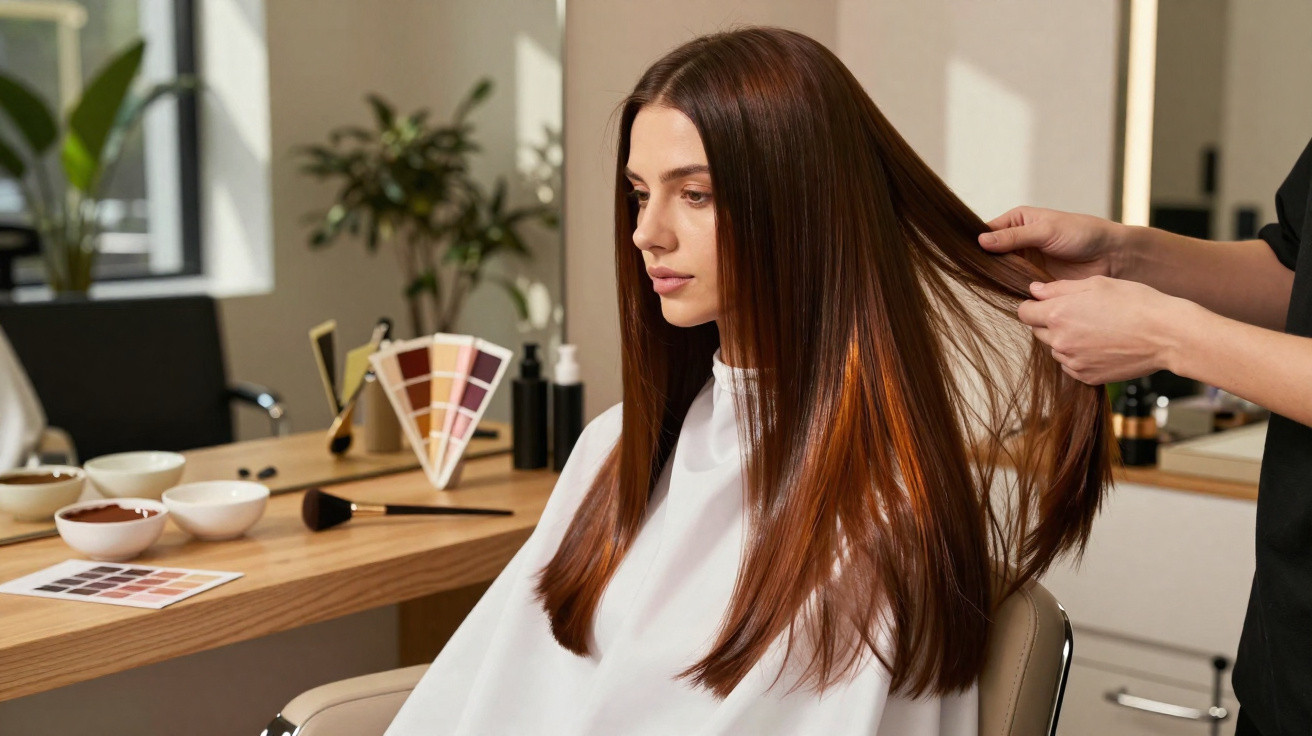 Mulher com cabelo liso e castanho sendo cuidada num salão de beleza, com produtos e espelho ao fundo.