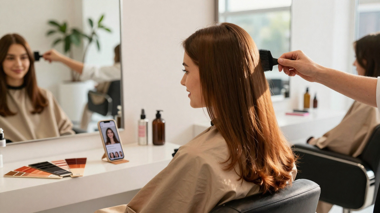 Mulher sentada no cabeleireiro enquanto profissional penteia o seu cabelo castanho liso.