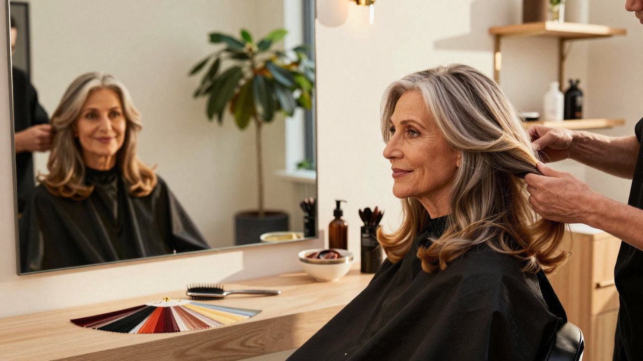 Mulher de meia-idade com cabelo cinza recebe penteado num salão de cabeleireiro, sentada junto a espelho.