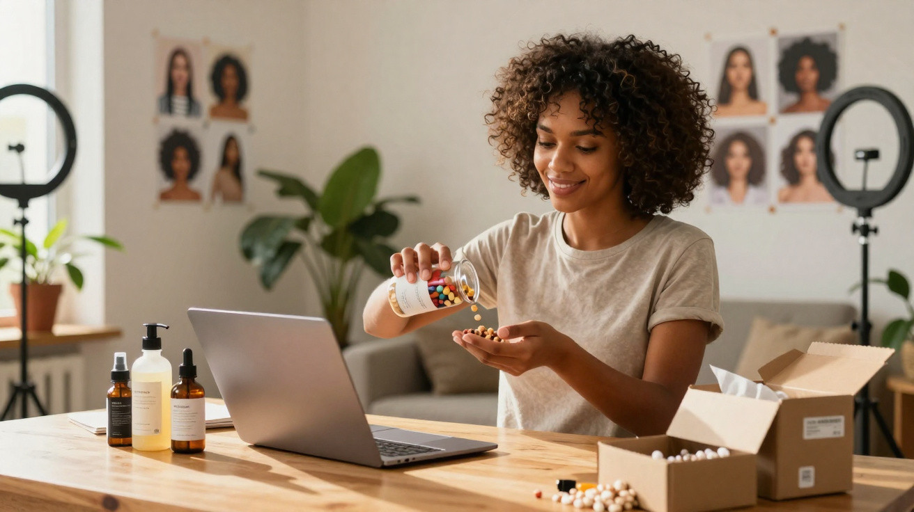 Mulher a verter suplementos de cápsulas na mão, sentada à mesa com computador portátil e produtos de beleza.