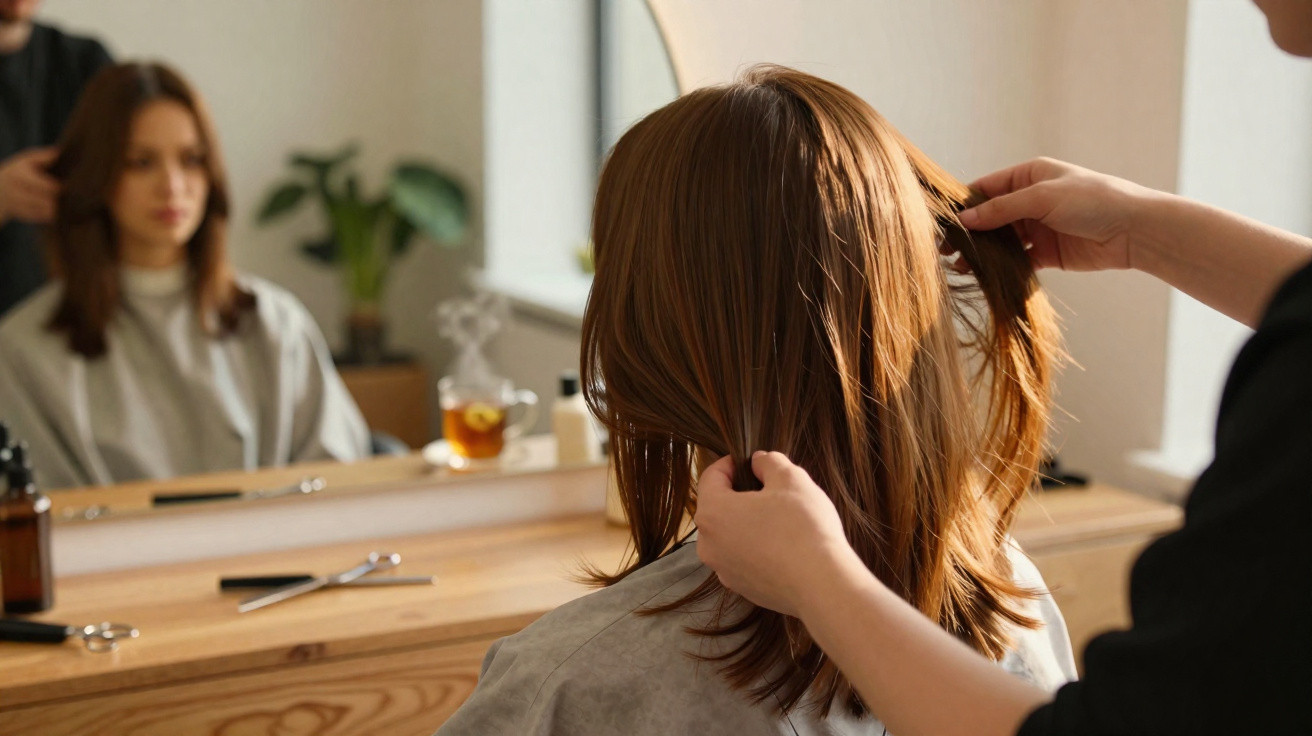 Mulher com cabelo médio castanho sentada num salão de cabeleireiro a ser penteada.