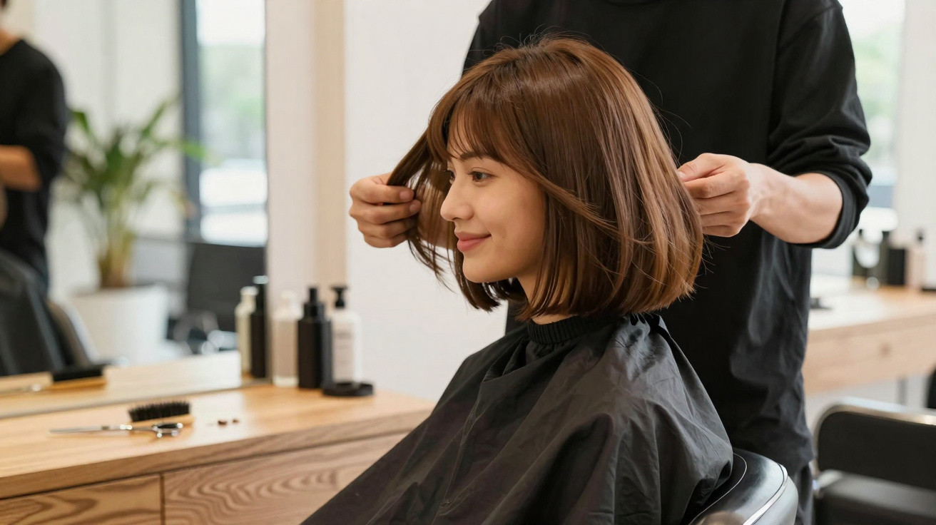 Mulher com cabelo curto castanho sentada numa cadeira de cabeleireiro enquanto é penteada.