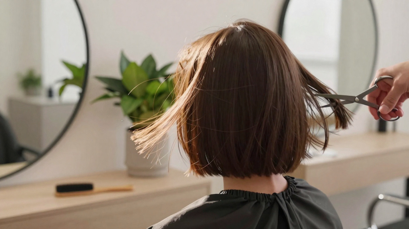 Pessoa com capa preta a cortar o cabelo castanho curto num cabeleireiro com espelho redondo.