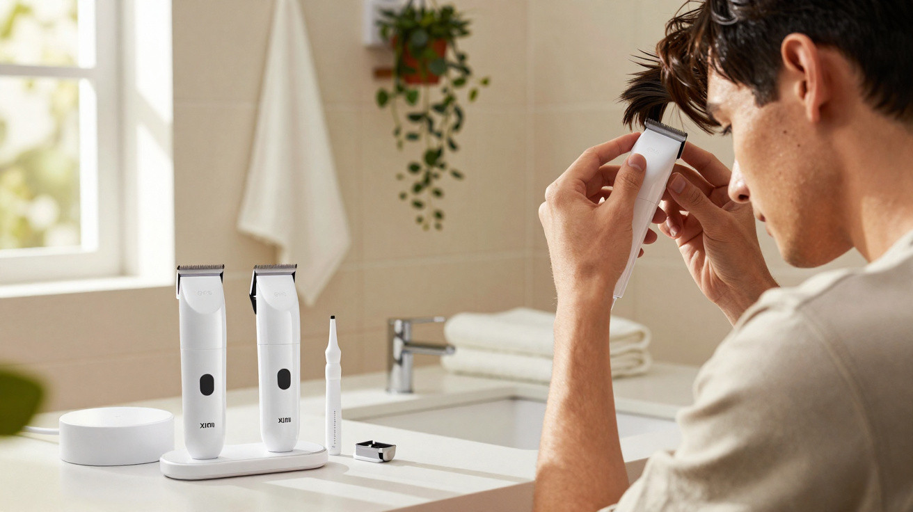 Homem a cortar o cabelo com máquina num banheiro moderno com luz natural e toalhas brancas no balcão.