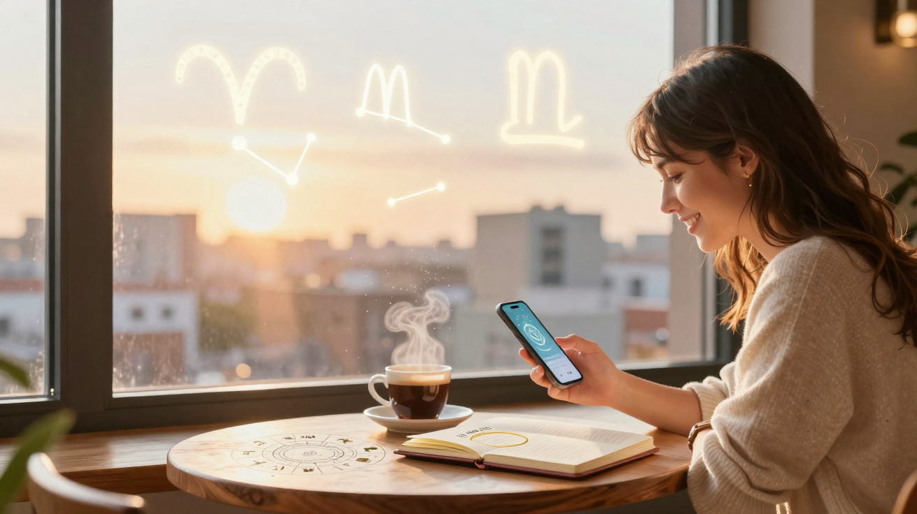 Mulher a usar smartphone numa mesa com café, livro aberto e signos do zodíaco numa janela ao pôr do sol.