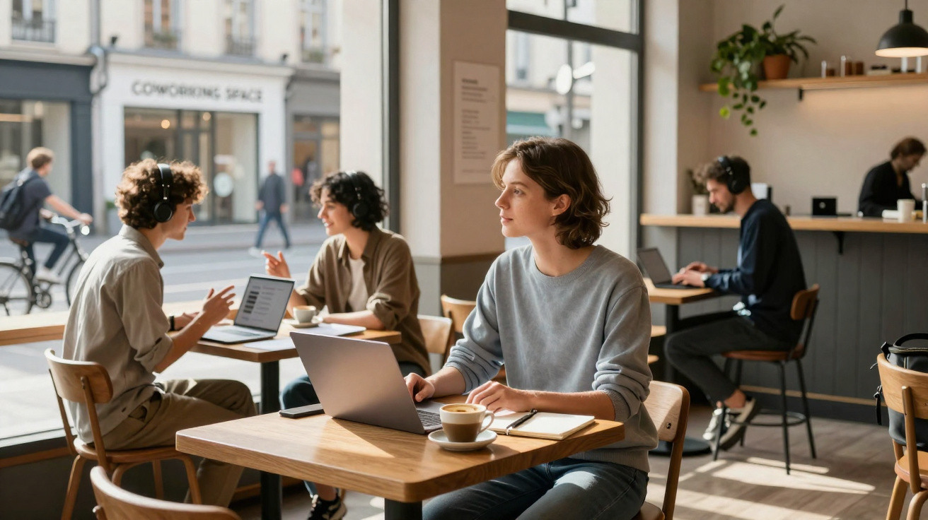 Pessoas jovens a trabalhar em laptops e a conversar numa cafetaria moderna e luminosa.