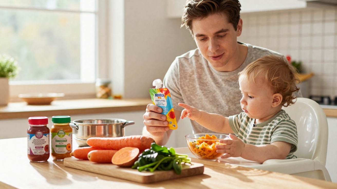 Pai alimenta bebé com puré de vegetais numa cozinha luminosa com legumes frescos na mesa.