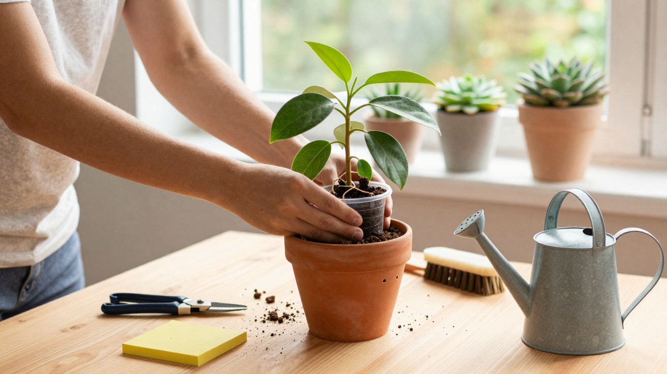 Pessoa transplantando planta jovem para vaso de barro numa mesa com regador, tesoura e bloco de notas.