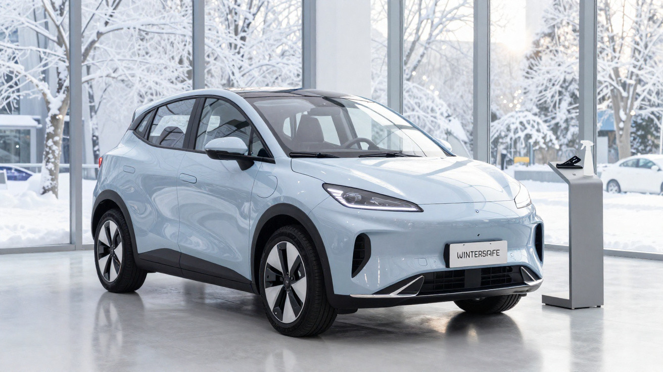 Carro elétrico cinza claro estacionado num showroom com neve visível através das janelas grandes.