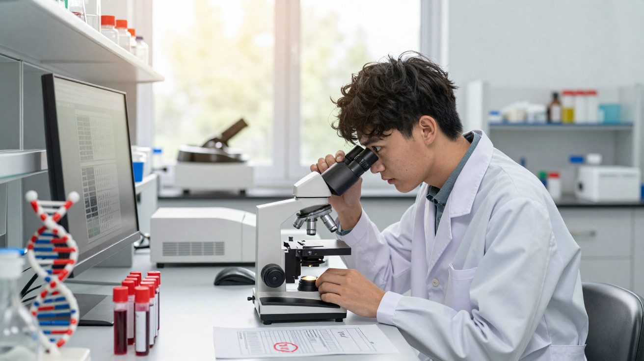 Cientista jovem a observar amostra ao microscópio num laboratório moderno com equipamentos científicos.