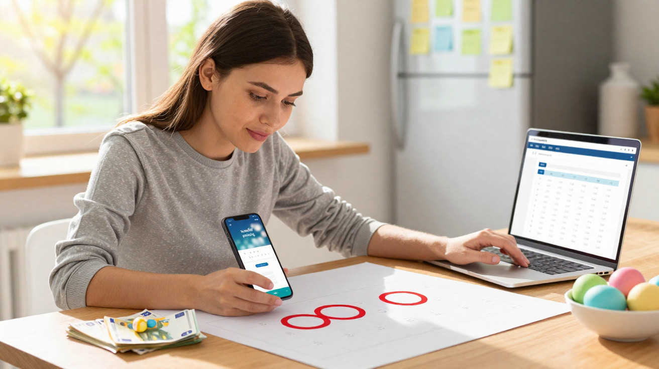 Mulher sentada à mesa a analisar finanças no computador e telefone, com notas de euro e ovos coloridos à sua frente.