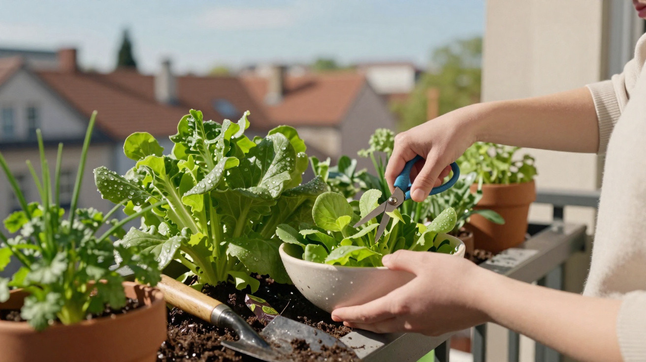 Pessoa a colher folhas verdes frescas numa varanda com vasos de plantas e terra.