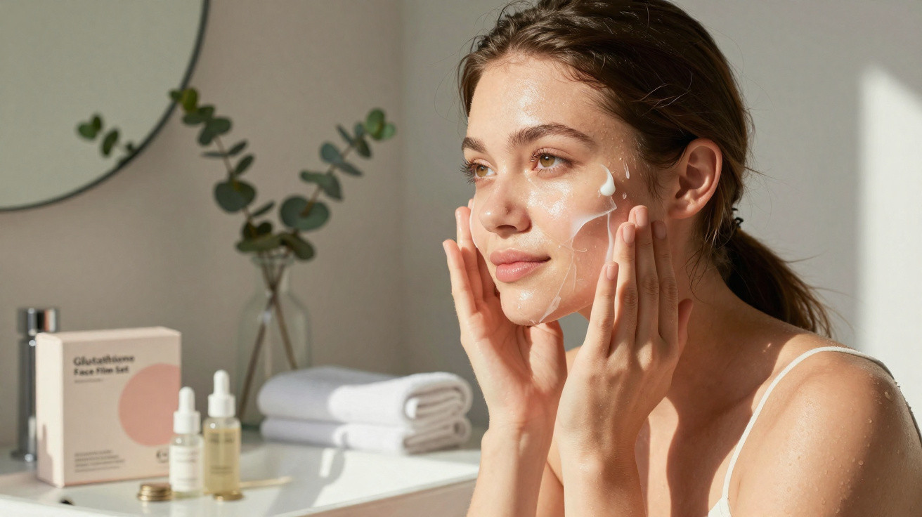 Mulher a aplicar creme facial num ambiente luminoso com produtos de cuidado da pele numa mesa.