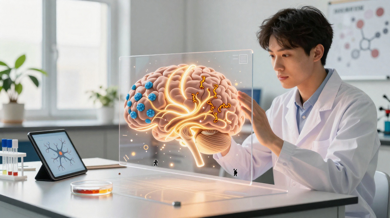 Cientista em laboratório a interagir com projeção digital de cérebro humano com neurónios em destaque.