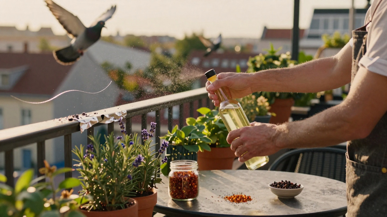 Pessoa a abrir uma garrafa perto de plantas em vasos num terraço, com pombo a levantar voo.