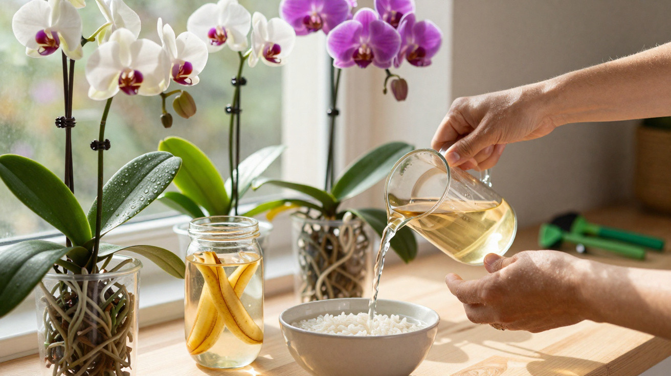 Mãos a verter líquido numa tigela com arroz, junto a orquídeas brancas e roxas numa janela iluminada.
