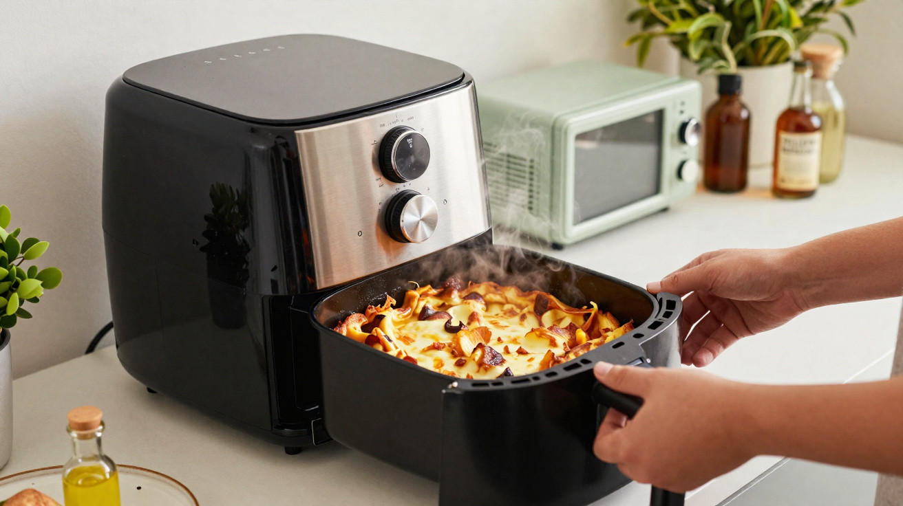 Pessoa a retirar lasanha fumegante de fritadeira sem óleo numa cozinha moderna.