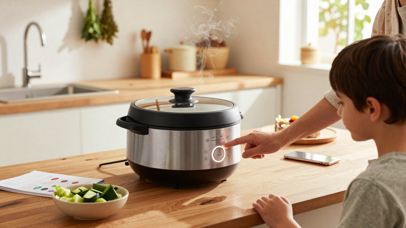 Panela elétrica a vapor a funcionar numa cozinha, com mão a pressionar botão e criança ao lado observando.