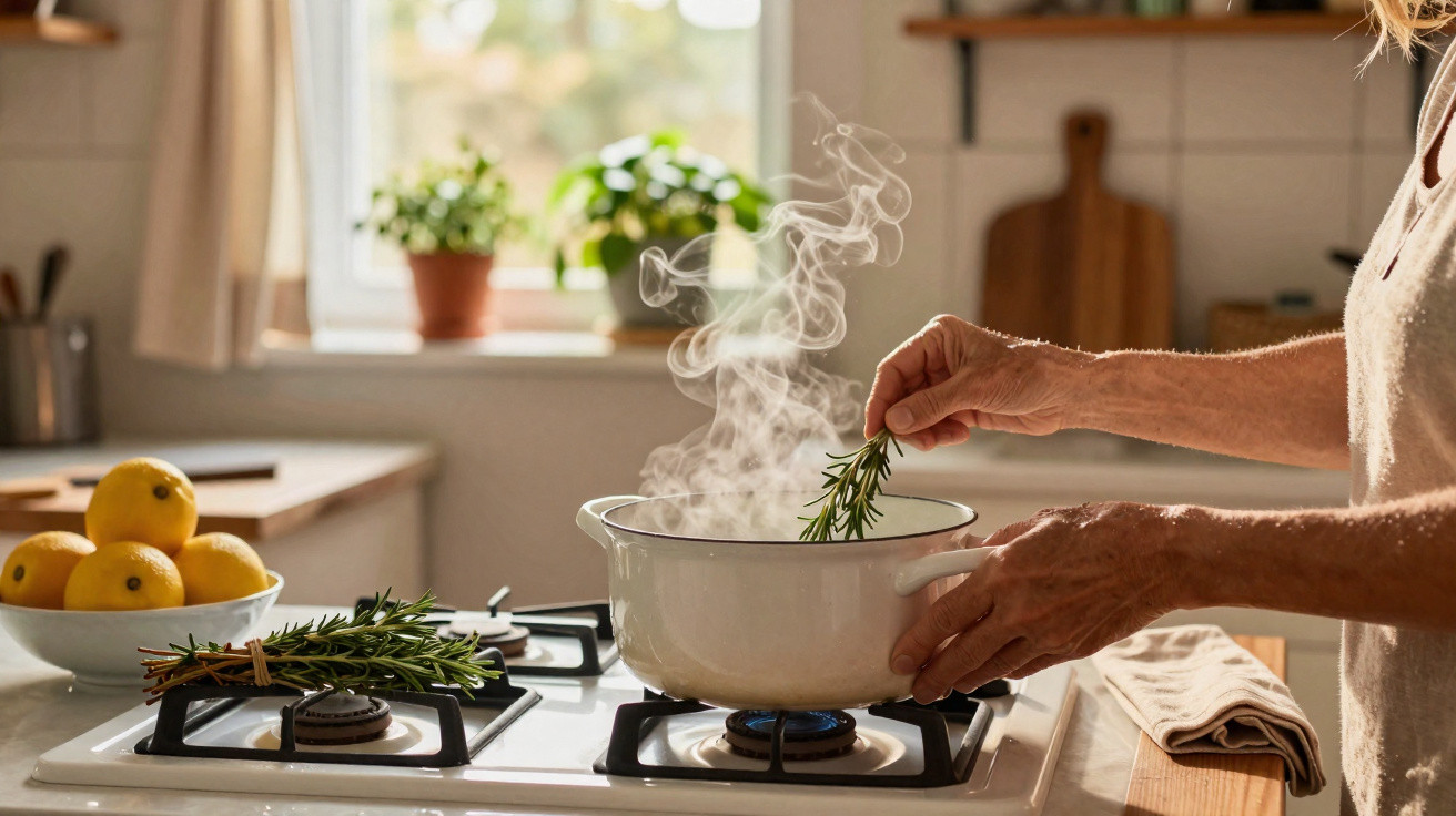 Pessoa a cozinhar com ramo de alecrim numa panela a ferver num fogão a gás numa cozinha iluminada.