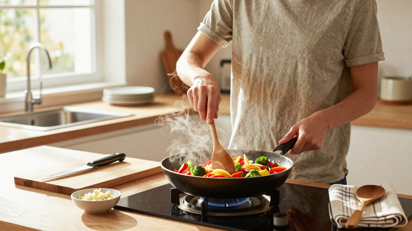 Pessoa a cozinhar legumes coloridos numa frigideira com um fogão moderno numa cozinha iluminada.
