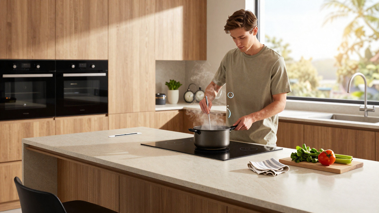 Jovem a cozinhar num fogão de indução numa cozinha moderna com balcão e legumes frescos ao lado.