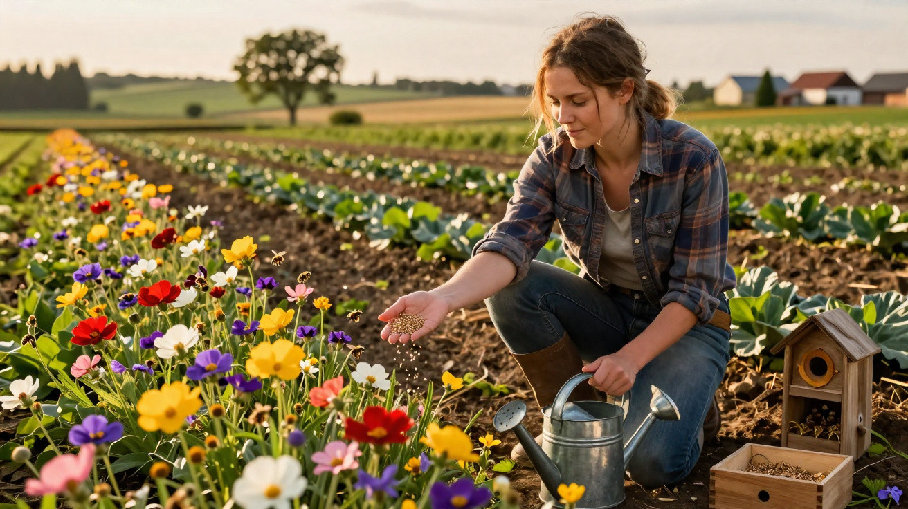 Mulher semeando flores coloridas num campo agrícola, com regador e casa de passarinho ao lado.
