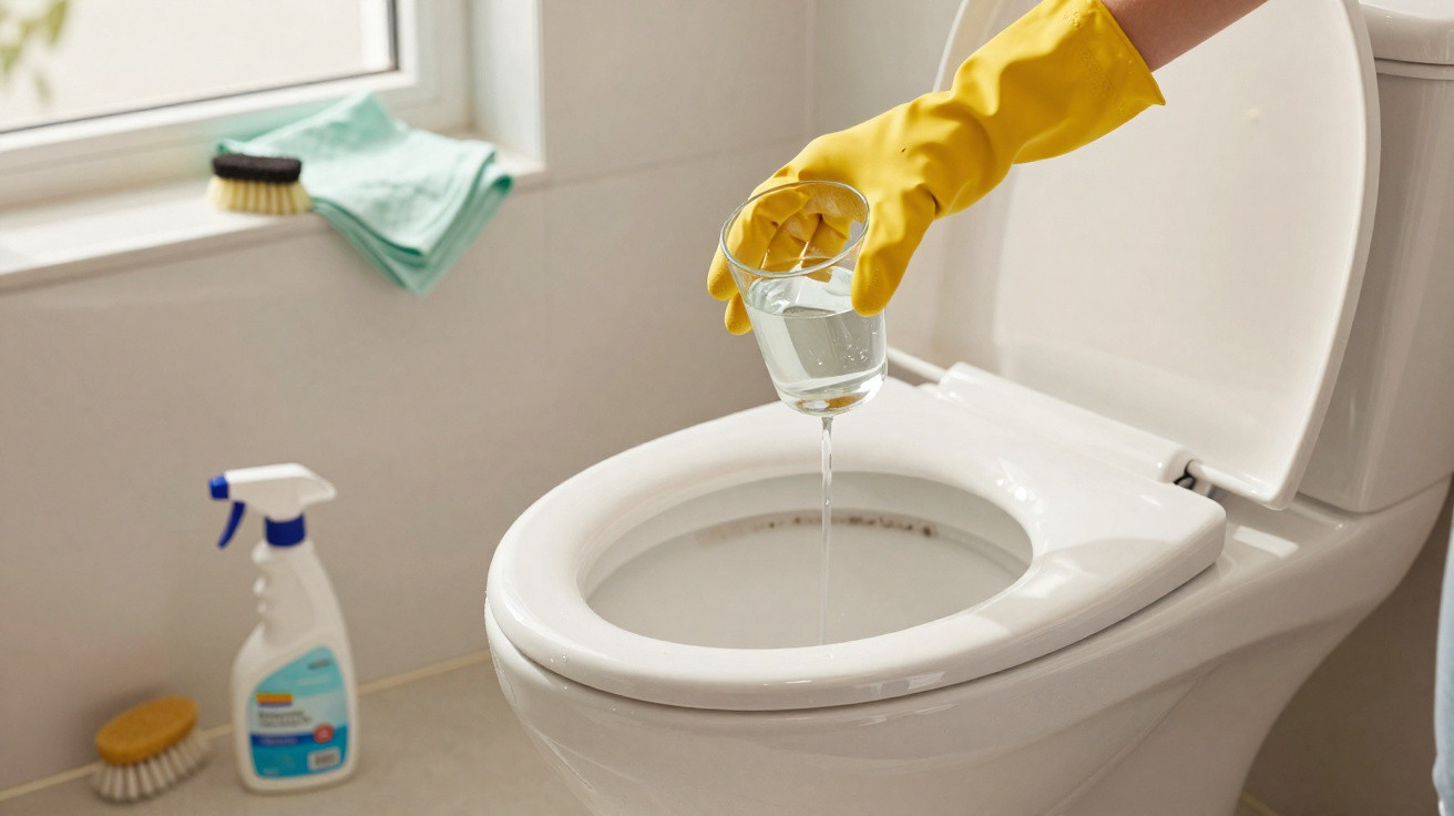 Mão com luva amarela a despejar líquido num vaso sanitário branco para limpeza num banheiro.
